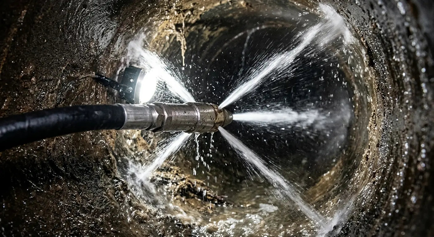 High-pressure hydro jetting nozzle cleaning sewer pipe for Trenchless Sewer Repair in Van Wert