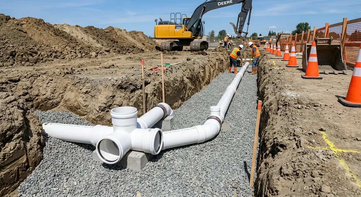 New PVC sewer pipe installation in open trench for Commercial Drain Cleaning in Van Wert
