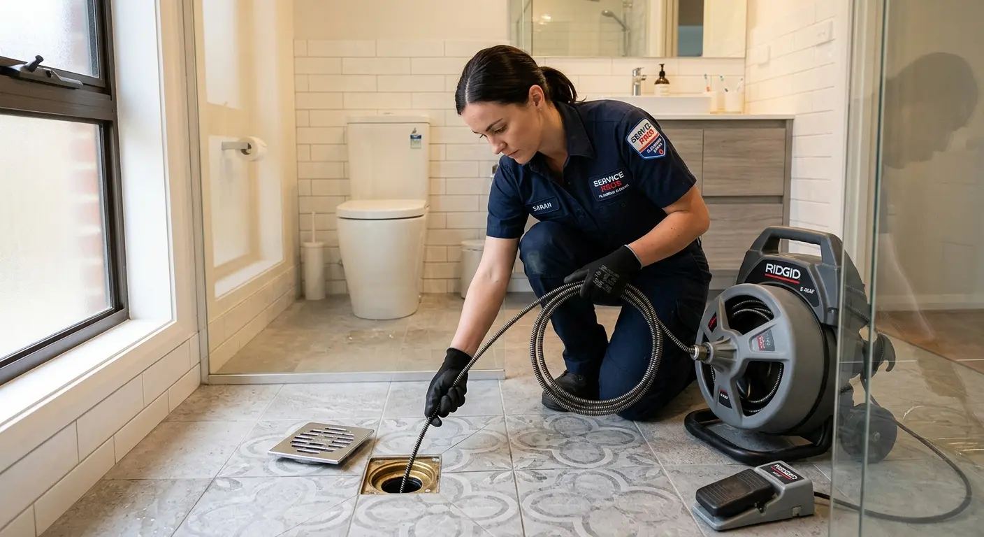 Technician clearing a bathroom floor drain for Drain Cleaning in Van Wert